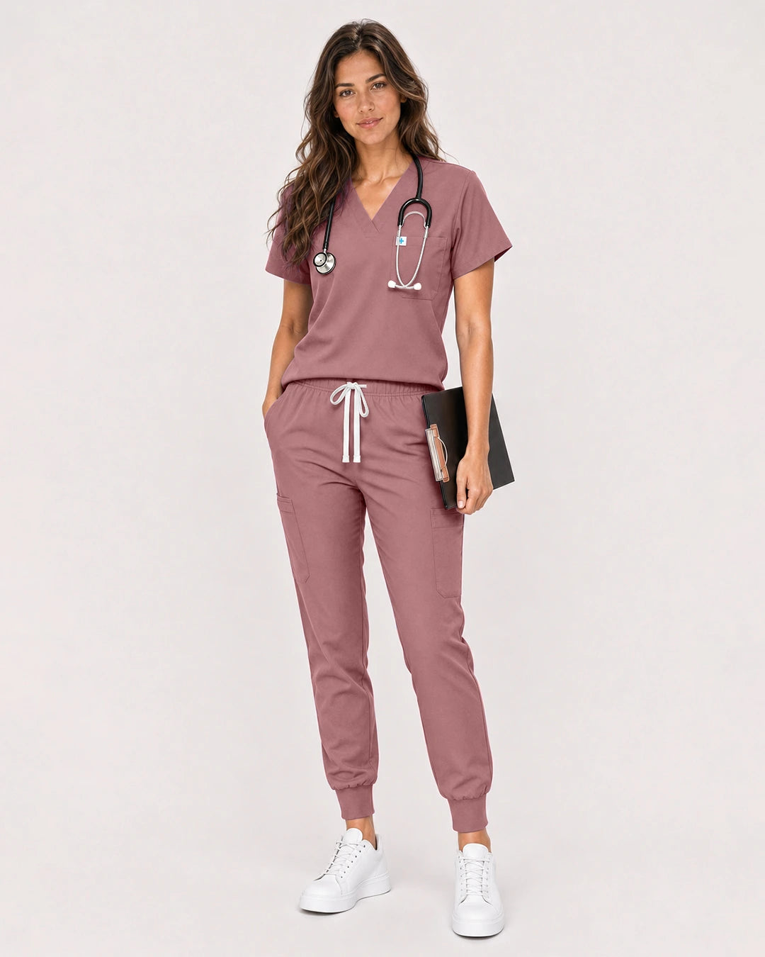 Flesh Pink Eipnare Women's Classic V-Neck Jogger Scrub Set - Stretch Medical Scrubs for Women