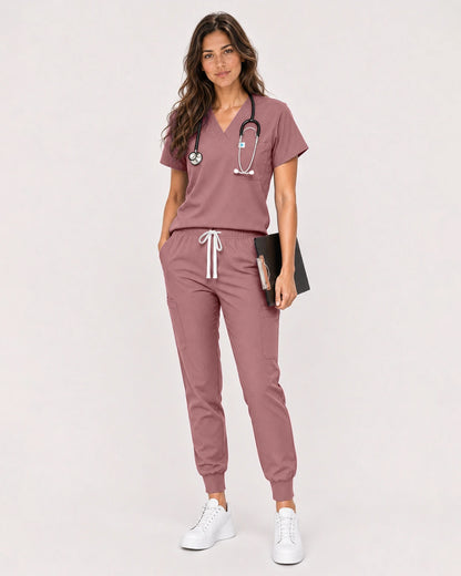 Flesh Pink Eipnare Women's Classic V-Neck Jogger Scrub Set - Stretch Medical Scrubs for Women