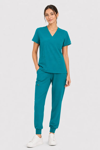 Green Eipnare Women's V-Neck 8-Pocket Jogger Scrub Set - Stretch Medical Scrubs for Women
