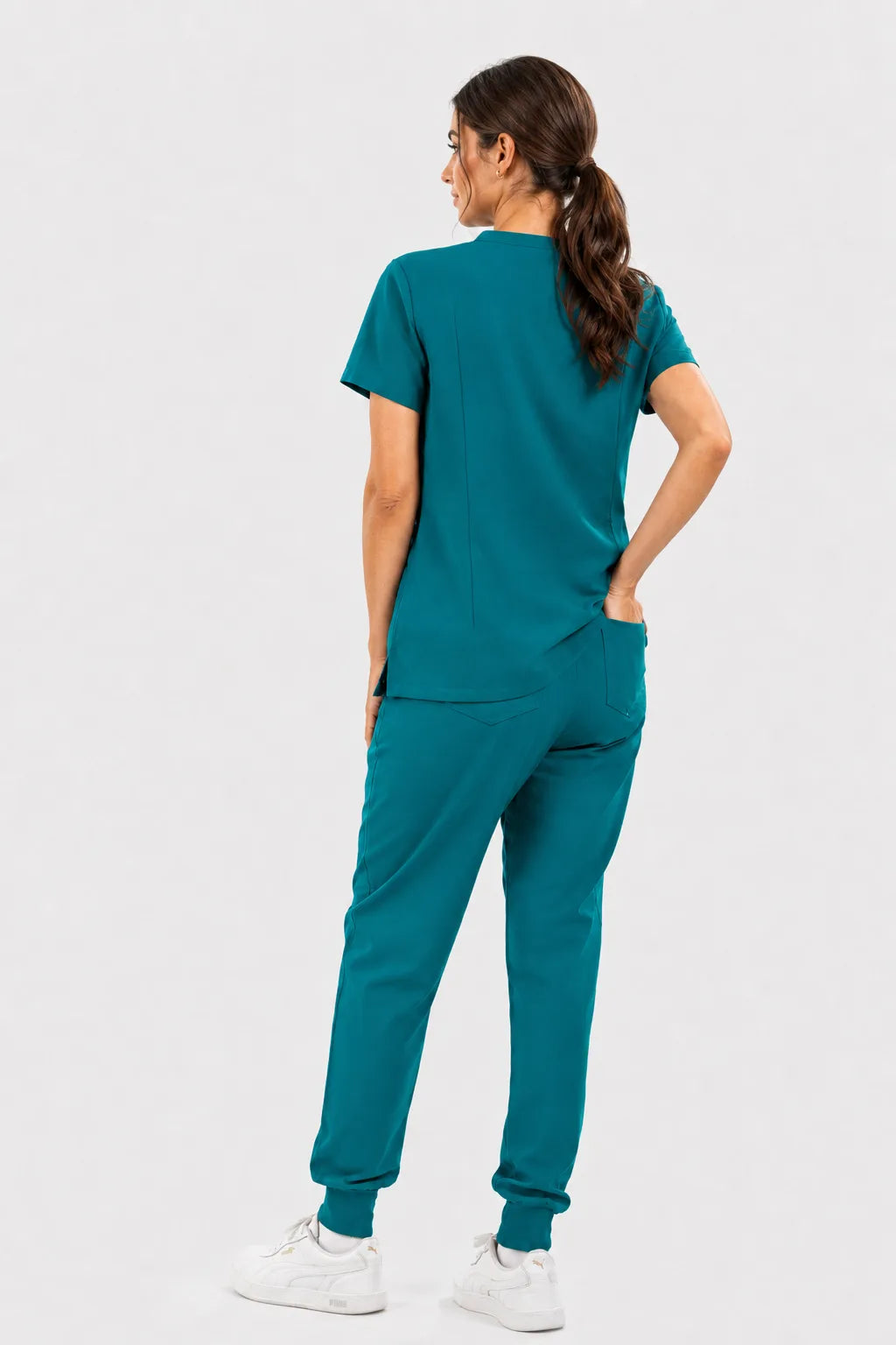 Green Eipnare Women's V-Neck 8-Pocket Jogger Scrub Set - Stretch Medical Scrubs for Women