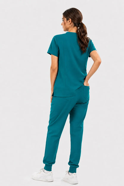 Green Eipnare Women's V-Neck 8-Pocket Jogger Scrub Set - Stretch Medical Scrubs for Women