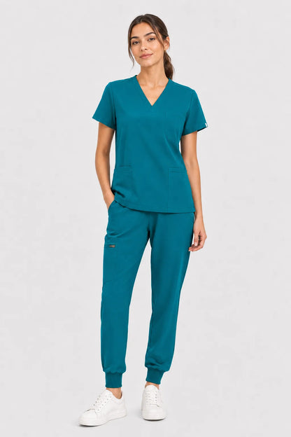 Green Eipnare Women's V-Neck 8-Pocket Jogger Scrub Set - Stretch Medical Scrubs for Women
