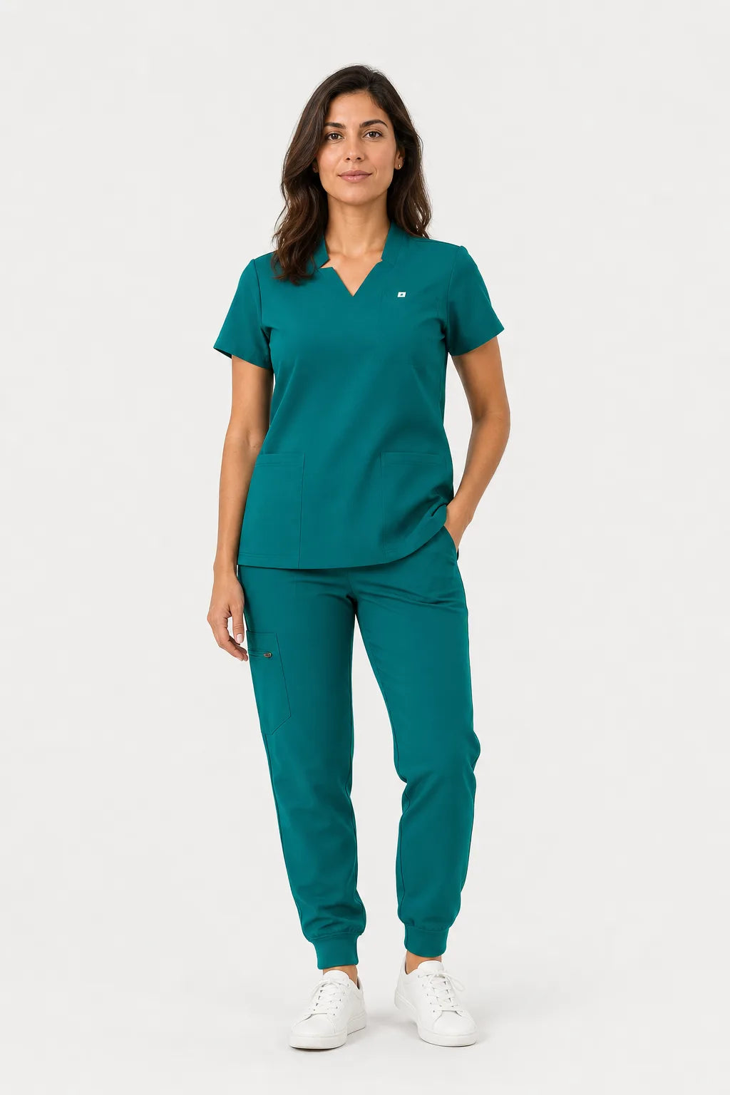 Green Eipnare Women's Notch Neck Cargo Jogger Scrub Set - Stretch Medical Scrubs for Women