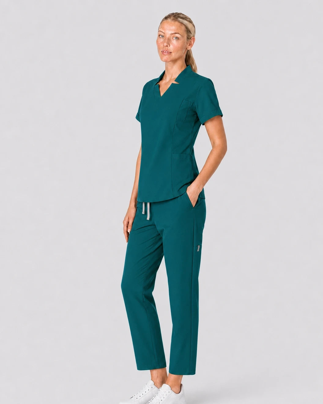 Green Eipnare Women's V-Neck Split 9-Pocket Slim Fit Scrub Set - Stretch Medical Scrubs for Women