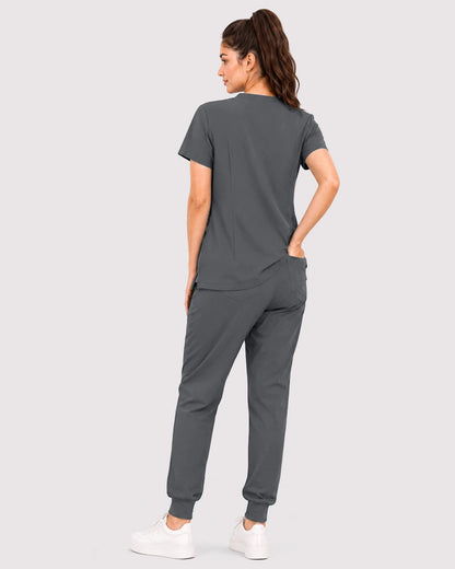 Heather Grey Eipnare Women's 3-Pocket V-Neck Jogger Scrub Set - Stretch Medical Scrubs for Women