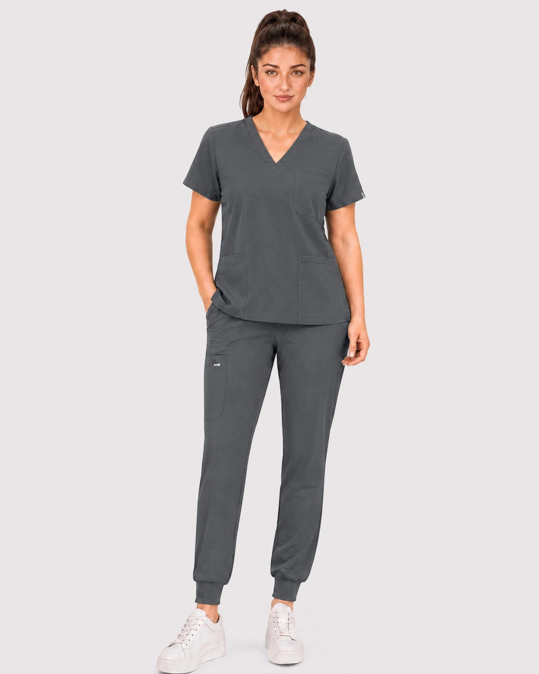 Heather Grey Eipnare Women's 3-Pocket V-Neck Jogger Scrub Set - Stretch Medical Scrubs for Women