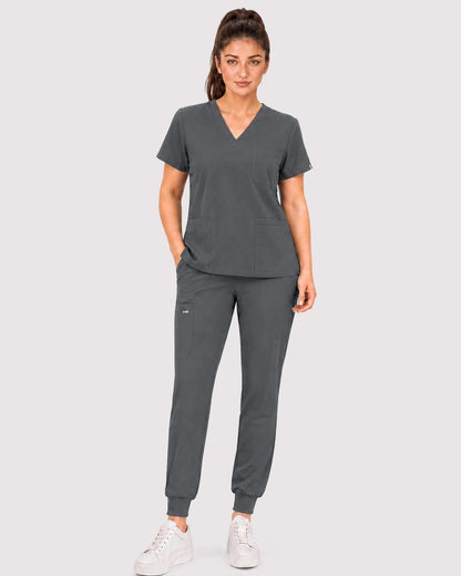 Heather Grey Eipnare Women's 3-Pocket V-Neck Jogger Scrub Set - Stretch Medical Scrubs for Women