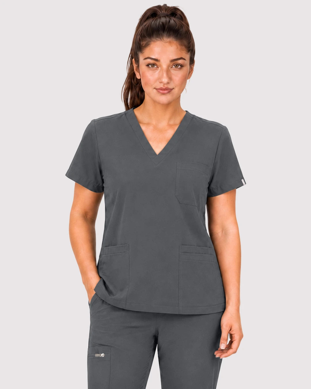 Heather Grey Eipnare Women's 3-Pocket V-Neck Jogger Scrub Set - Stretch Medical Scrubs for Women