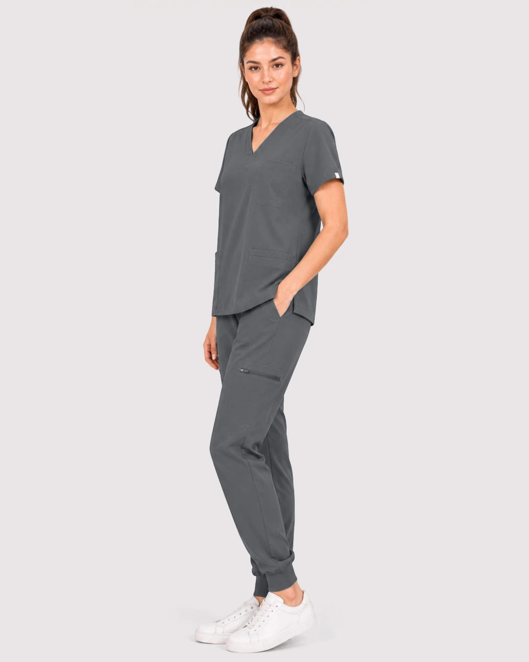 Heather Grey Eipnare Women's 3-Pocket V-Neck Jogger Scrub Set - Stretch Medical Scrubs for Women