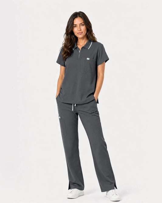 Heather Grey Eipnare Women's Zip Polo Straight-Leg Scrub Set - Stretch Medical Scrubs for Women