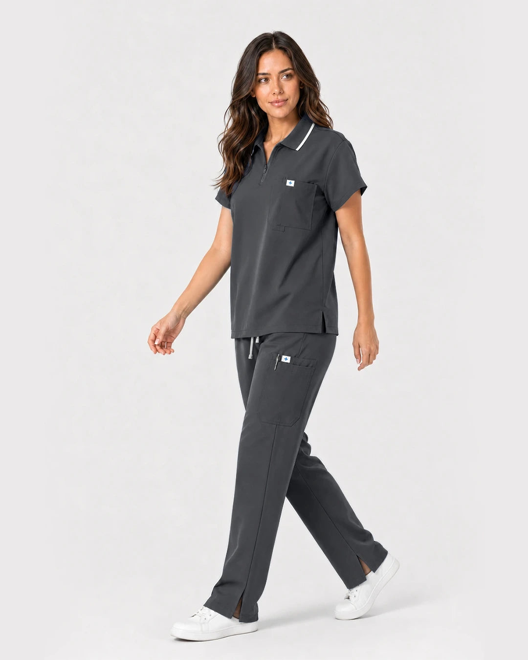 Heather Grey Eipnare Women's Zip Polo Straight-Leg Scrub Set - Stretch Medical Scrubs for Women
