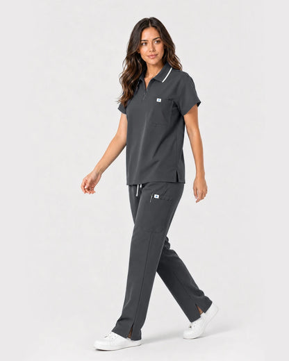Heather Grey Eipnare Women's Zip Polo Straight-Leg Scrub Set - Stretch Medical Scrubs for Women