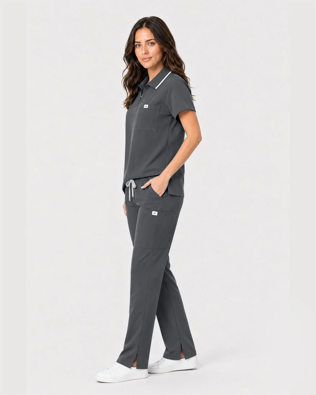 Heather Grey Eipnare Women's Zip Polo Straight-Leg Scrub Set - Stretch Medical Scrubs for Women