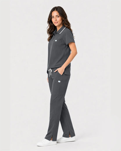 Heather Grey Eipnare Women's Zip Polo Straight-Leg Scrub Set - Stretch Medical Scrubs for Women
