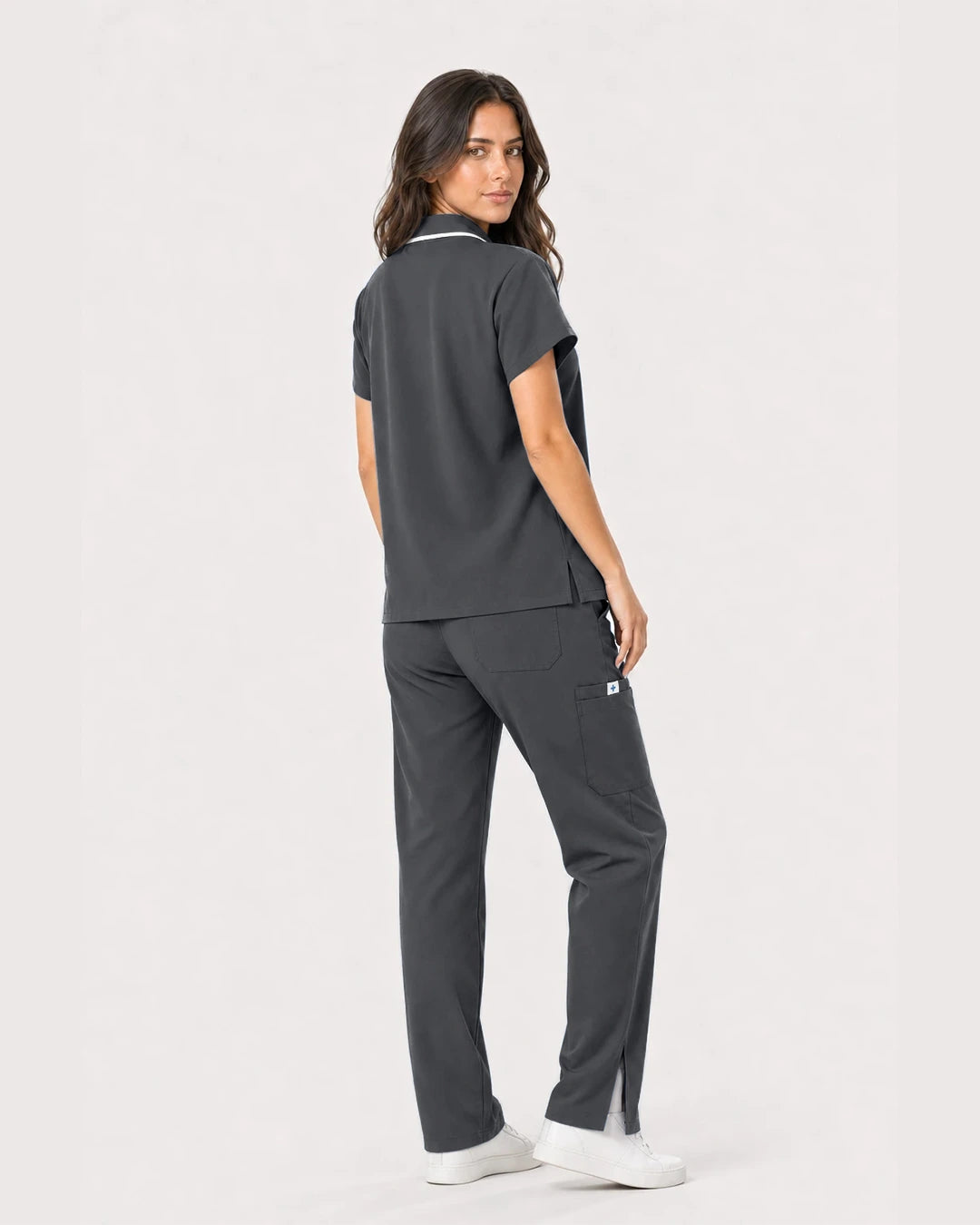 Heather Grey Eipnare Women's Zip Polo Straight-Leg Scrub Set - Stretch Medical Scrubs for Women