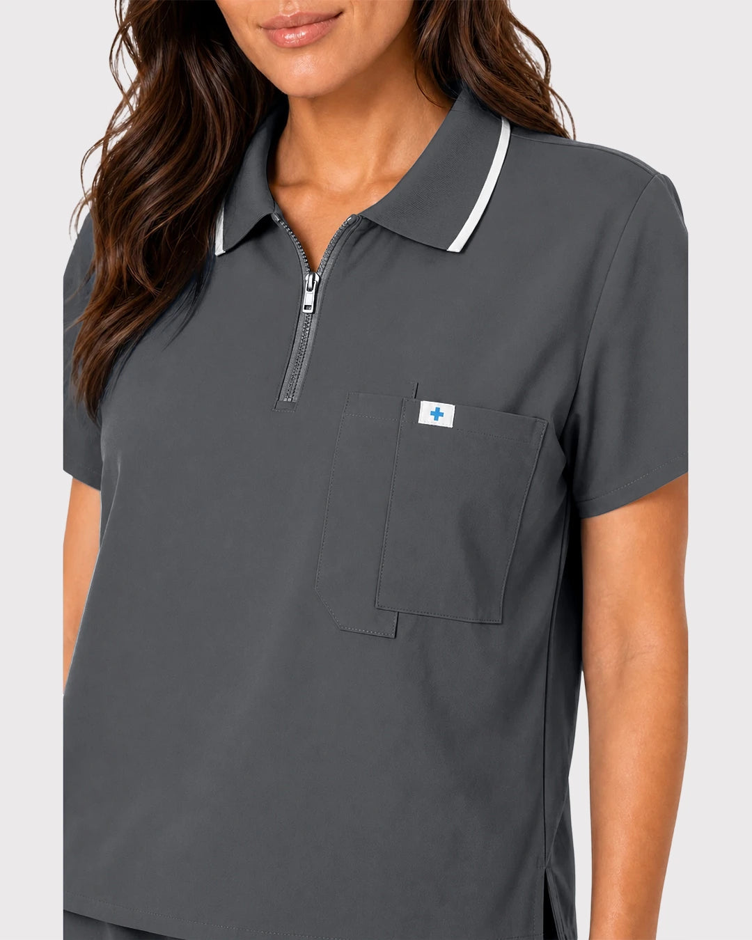 Heather Grey Eipnare Women's Zip Polo Straight-Leg Scrub Set - Stretch Medical Scrubs for Women