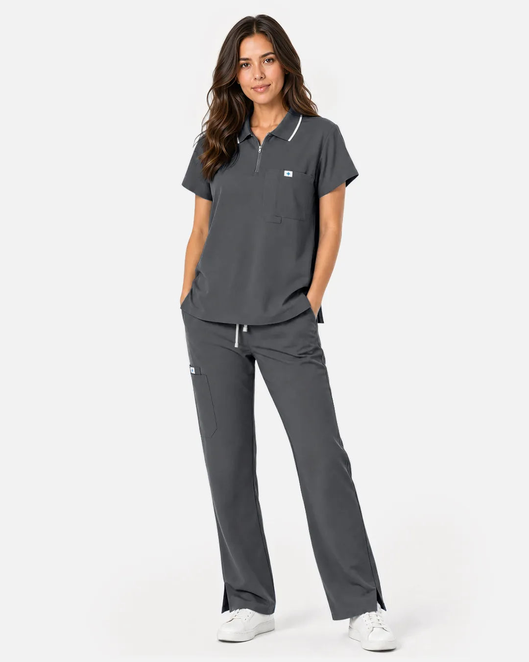 Heather grey Eipnare Women's Polo-Collar Medical Scrub Top - Stretch Medical Scrubs for Women