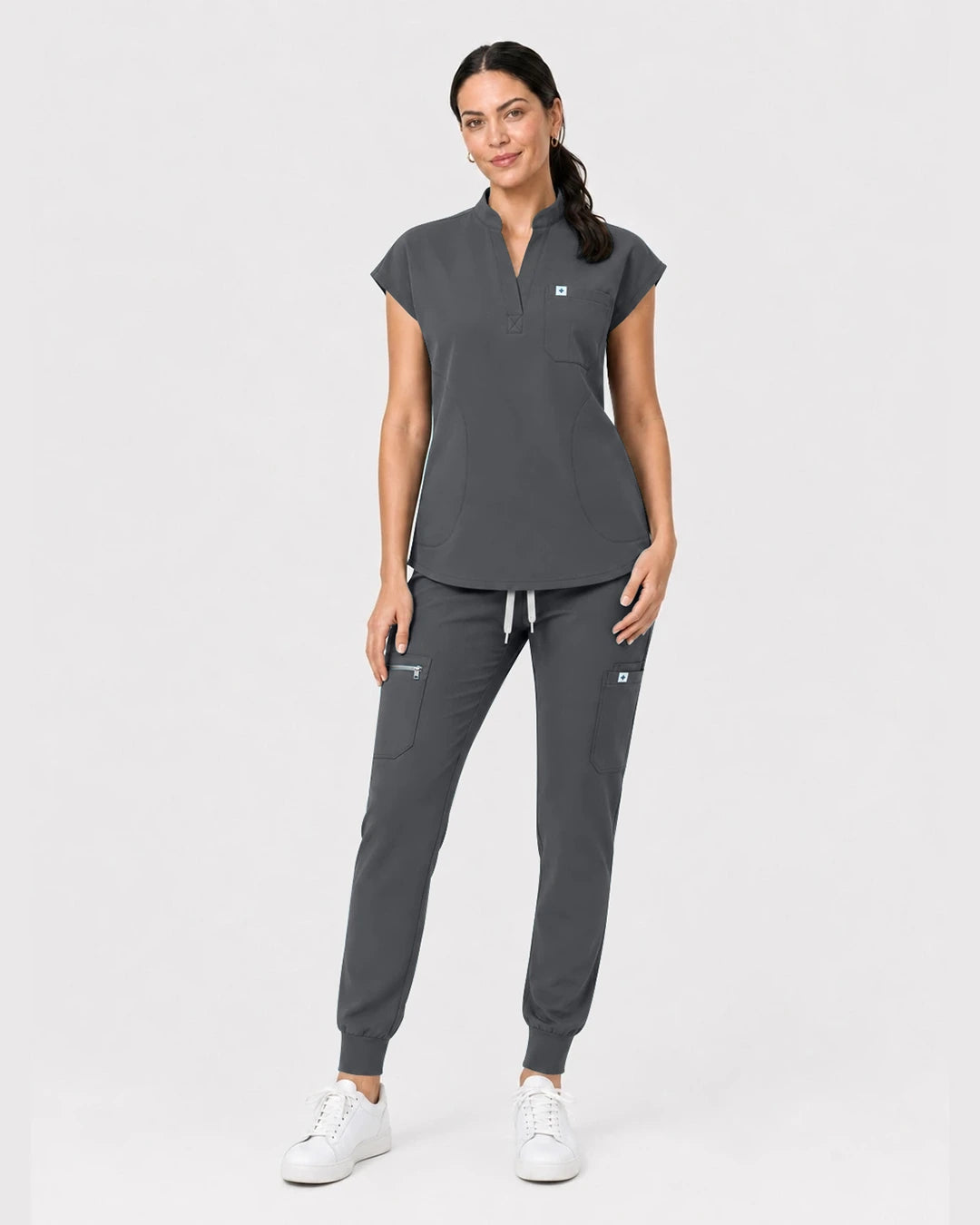 Heather Grey Eipnare Women's Henley Sleeveless Jogger Scrub Set - Stretch Medical Scrubs for Women