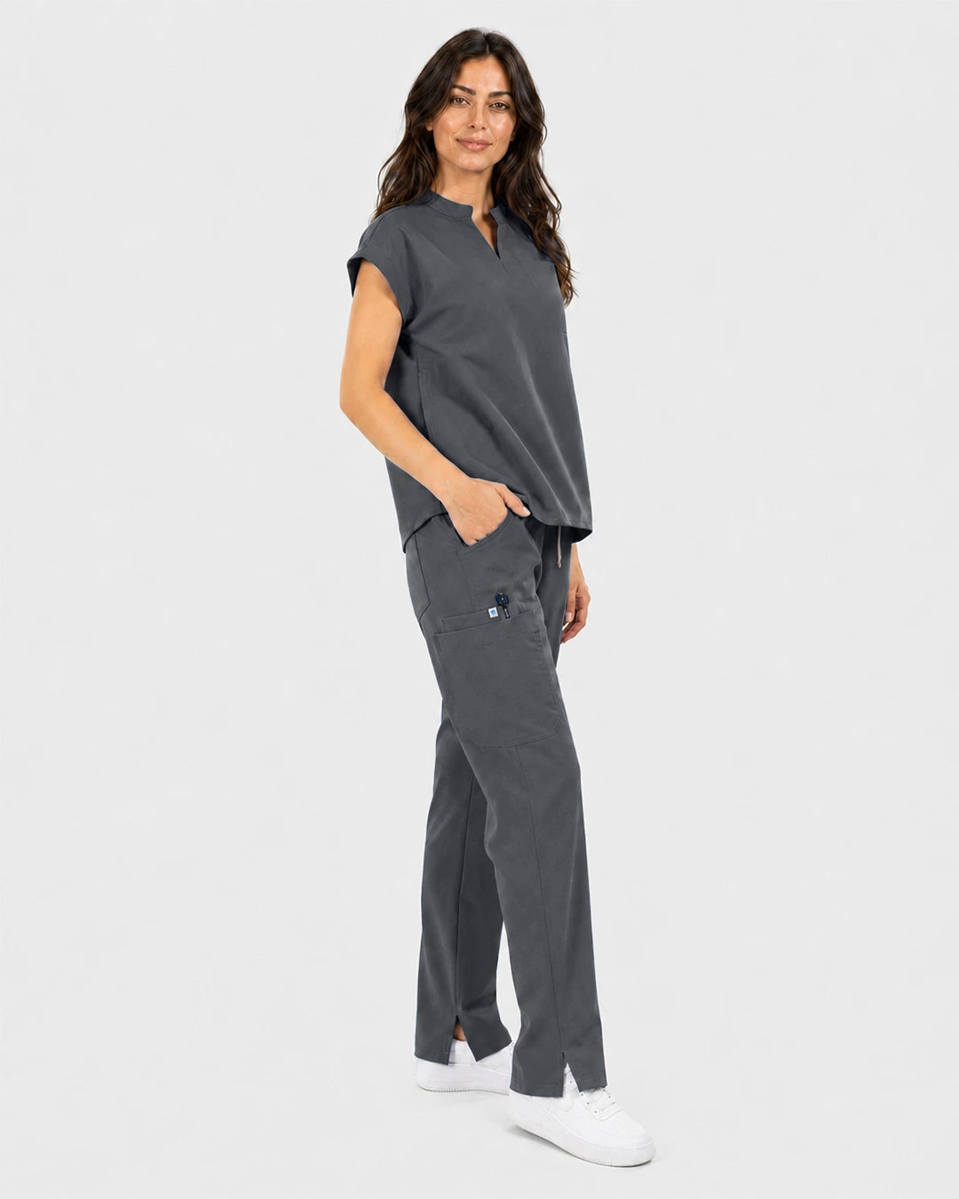Heather Grey Eipnare Women's Mandarin Sleeveless Straight-Leg Scrub Set - Stretch Medical Scrubs for Women