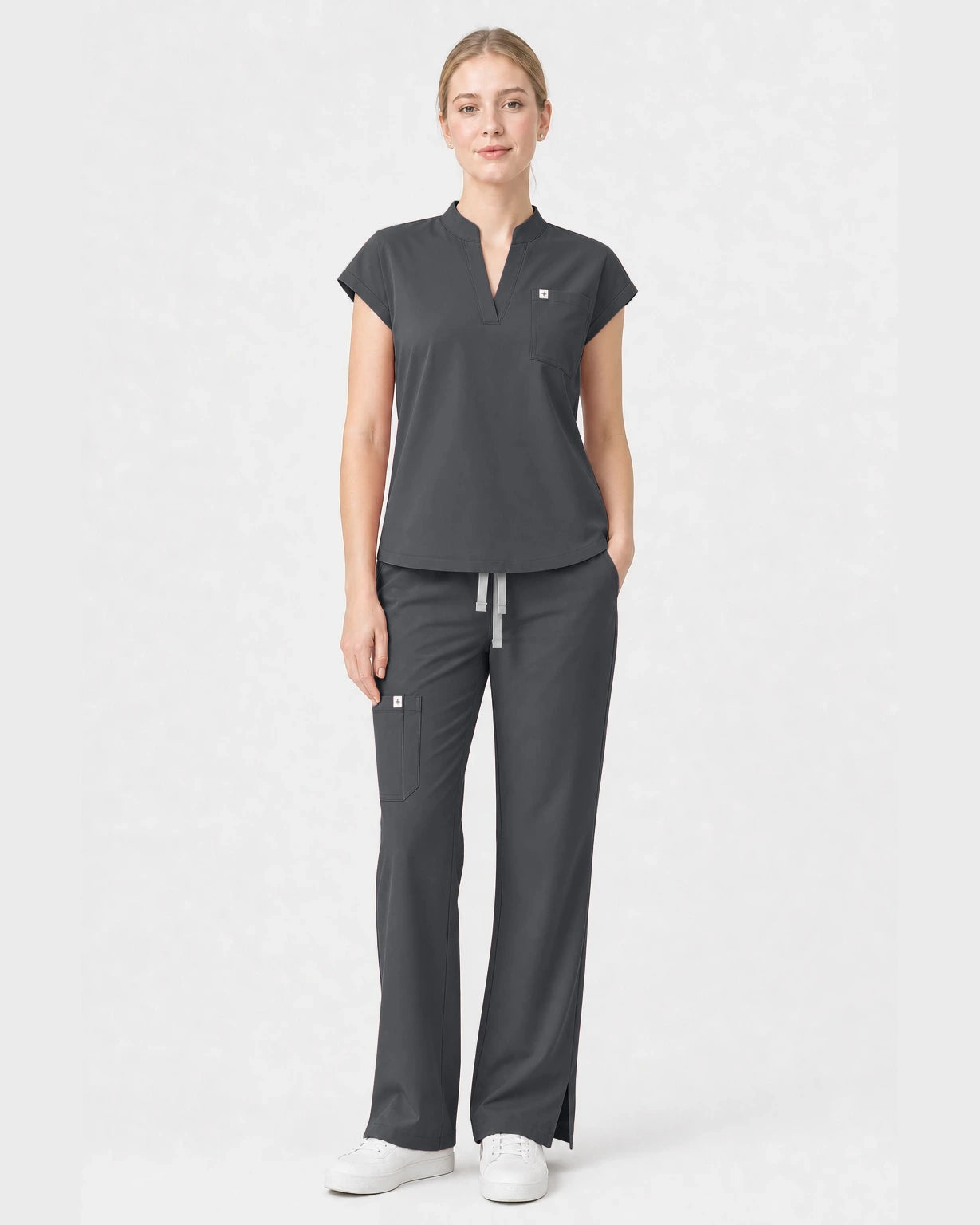 Heather Grey Eipnare Women's Henley Sleeveless Straight-Leg Scrub Set - Stretch Medical Scrubs for Women