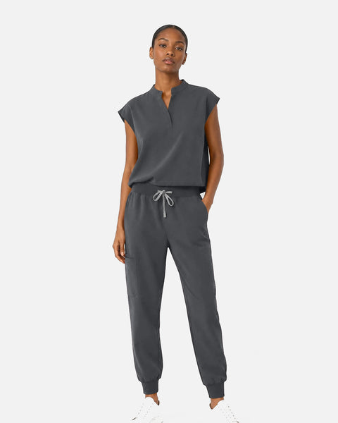 Eipnare Women's Sleeveless Mandarin Collar Jogger Uniform Set - Heather Grey
