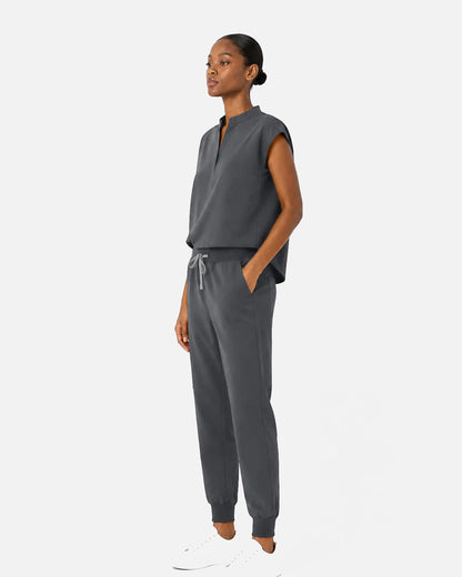 Heather Grey – Eipnare Women's Sleeveless Mandarin Collar Jogger Uniform Set – product image 02