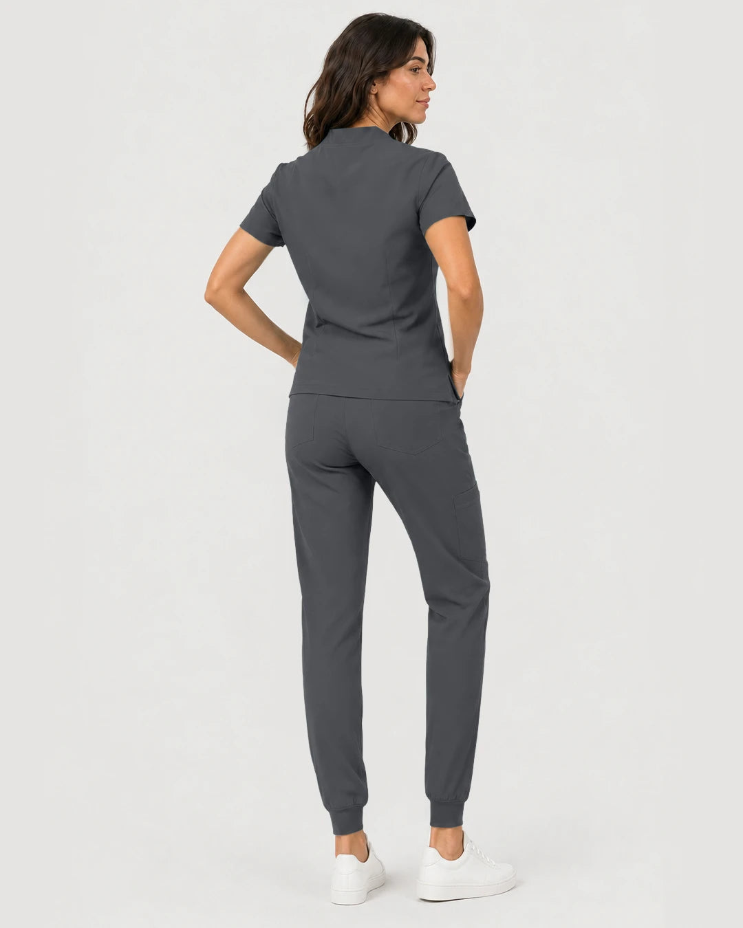 Heather Grey Eipnare Women's Notch V-Neck Cargo Jogger Scrub Set - Stretch Medical Scrubs for Women