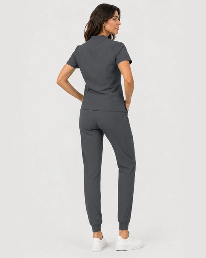 Heather Grey Eipnare Women's Notch V-Neck Cargo Jogger Scrub Set - Stretch Medical Scrubs for Women