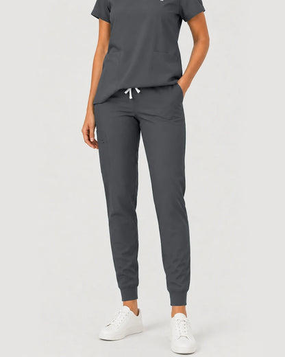 Heather Grey Eipnare Women's Notch V-Neck Cargo Jogger Scrub Set - Stretch Medical Scrubs for Women