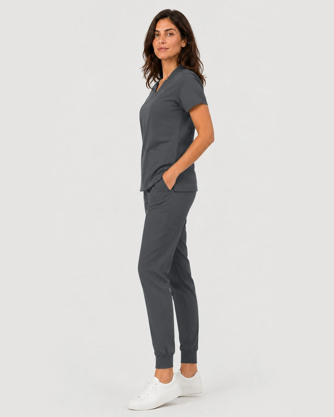 Heather Grey Eipnare Women's Notch V-Neck Cargo Jogger Scrub Set - Stretch Medical Scrubs for Women