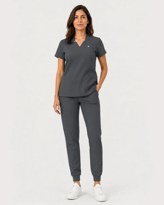 Heather Grey Eipnare Women's Notch V-Neck Cargo Jogger Scrub Set - Stretch Medical Scrubs for Women