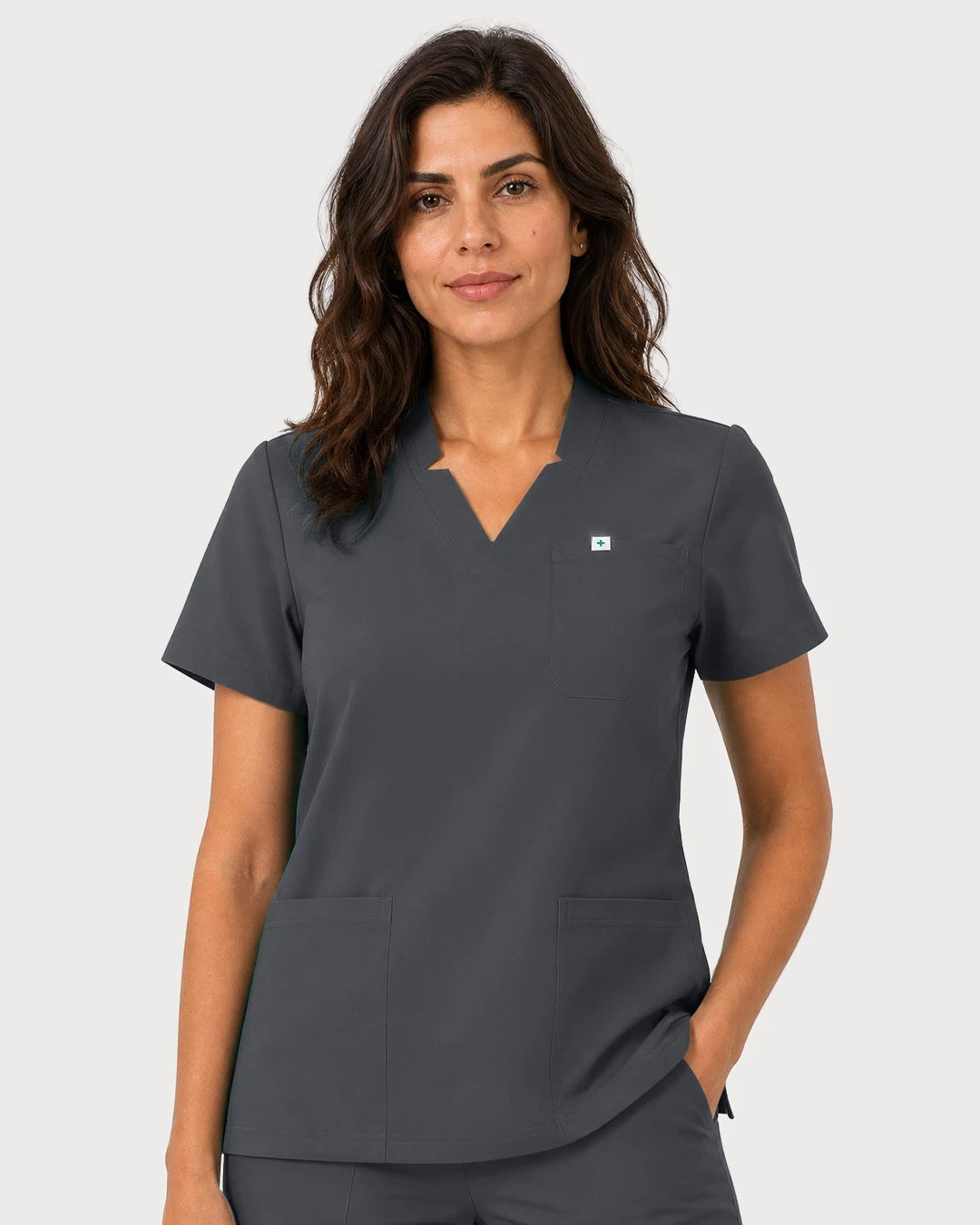 Heather Grey Eipnare Women's Notch V-Neck Cargo Jogger Scrub Set - Stretch Medical Scrubs for Women
