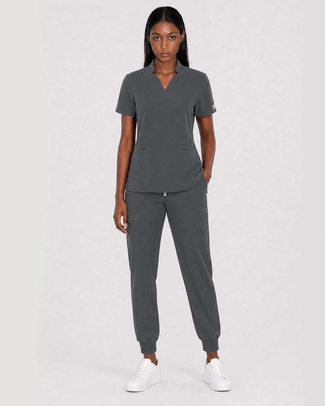 Heather Grey Eipnare Women's Split V-Neck Cargo Jogger Scrub Set - Stretch Medical Scrubs for Women