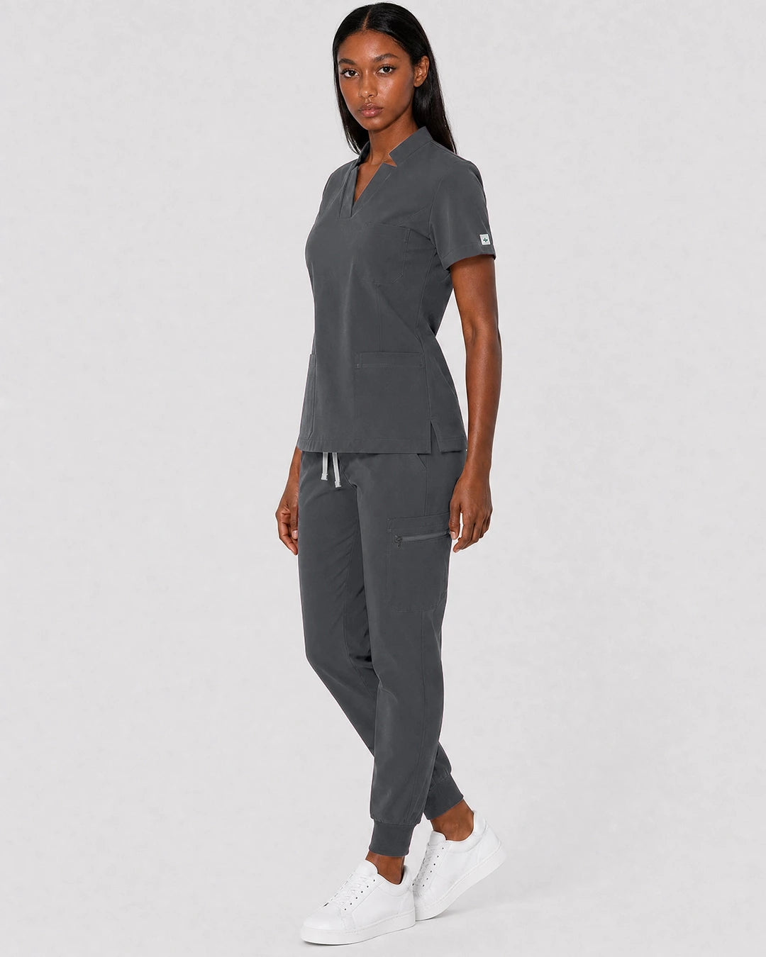 Heather Grey Eipnare Women's Split V-Neck Cargo Jogger Scrub Set - Stretch Medical Scrubs for Women