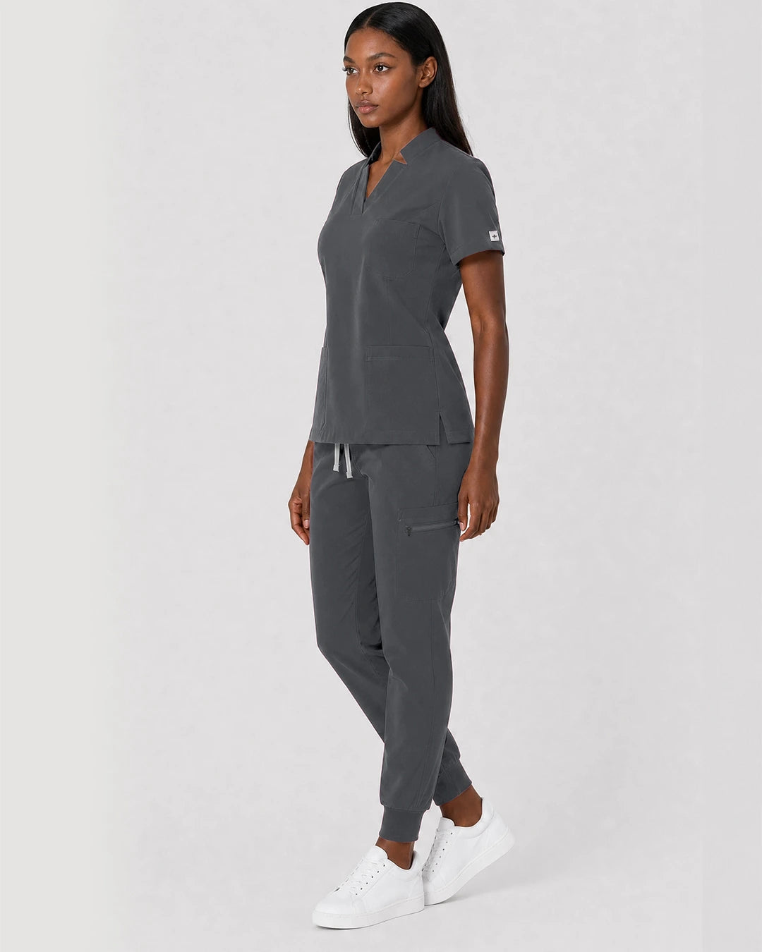 Heather Grey Eipnare Women's Split V-Neck Cargo Jogger Scrub Set - Stretch Medical Scrubs for Women