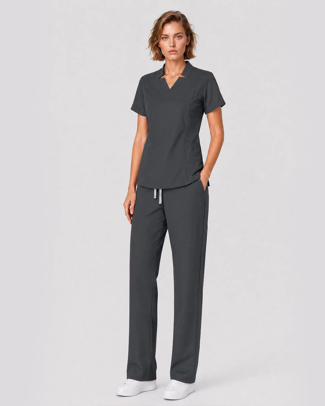 Heather Grey Eipnare Women's Split V-Neck Tapered Scrub Set - Stretch Medical Scrubs for Women