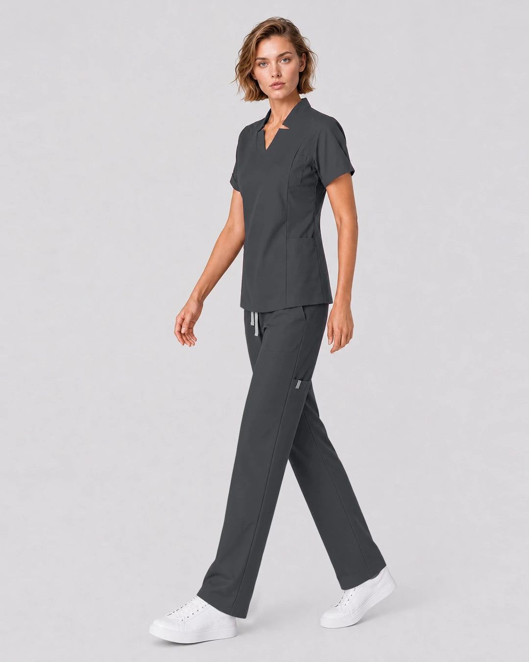 Heather Grey Eipnare Women's Split V-Neck Tapered Scrub Set - Stretch Medical Scrubs for Women