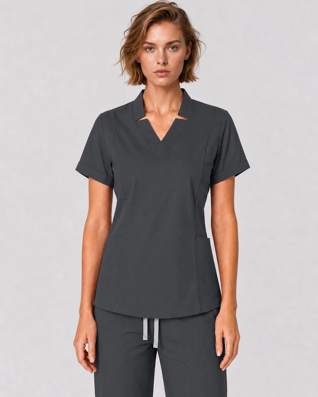 Heather Grey Eipnare Women's Split V-Neck Tapered Scrub Set - Stretch Medical Scrubs for Women