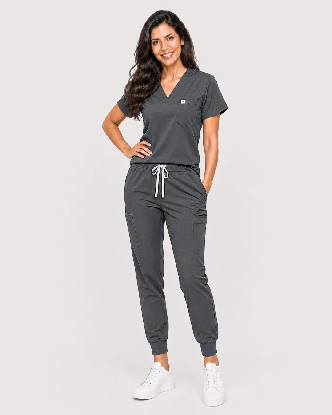 Heather Grey Eipnare Women's Knit V-Neck Jogger Scrub Set - Stretch Medical Scrubs for Women