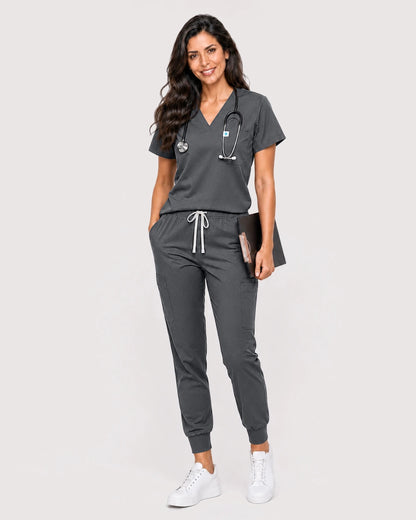 Heather Grey Eipnare Women's Knit V-Neck Jogger Scrub Set - Stretch Medical Scrubs for Women