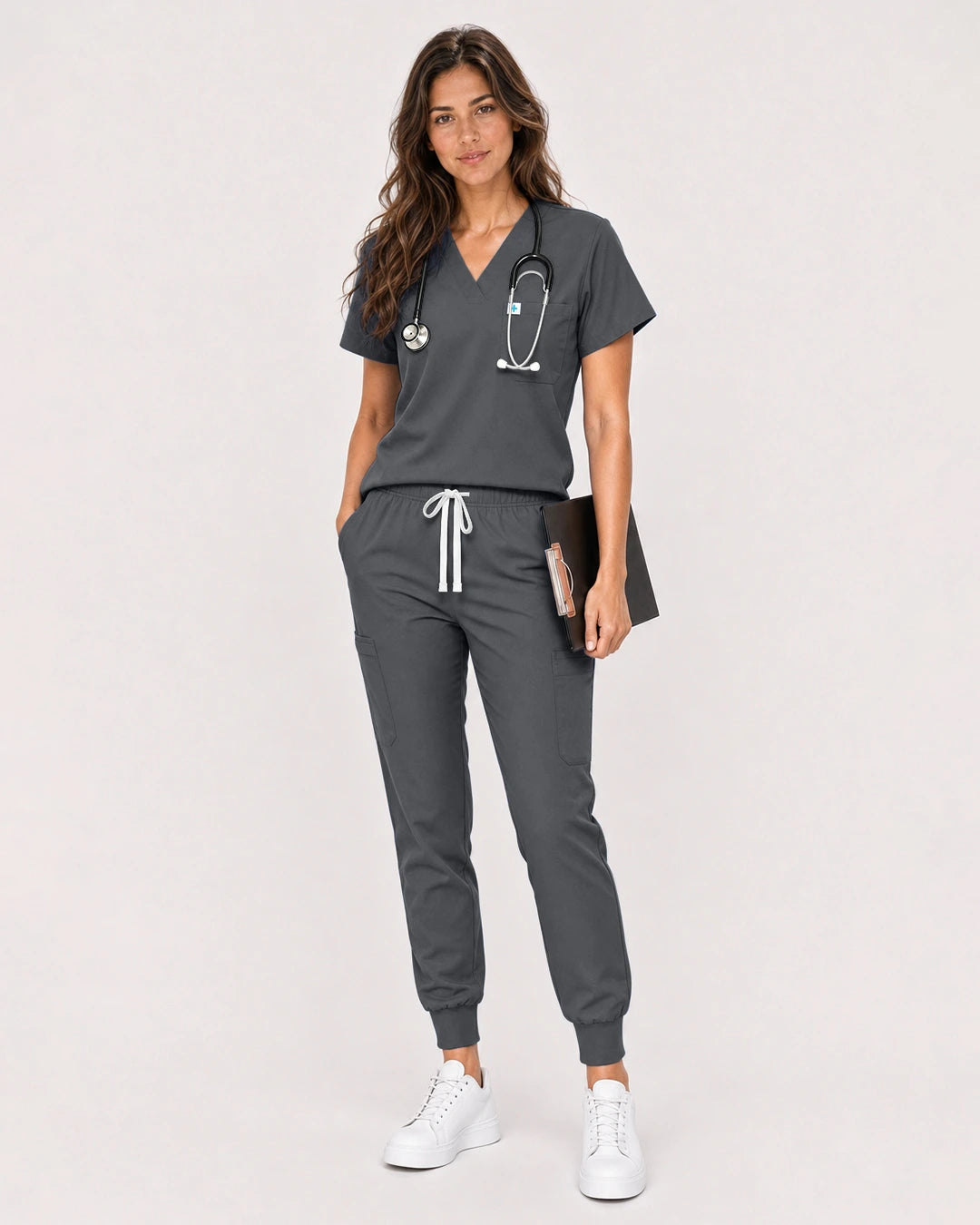 Heather Grey Eipnare Women's Classic V-Neck Jogger Scrub Set - Stretch Medical Scrubs for Women