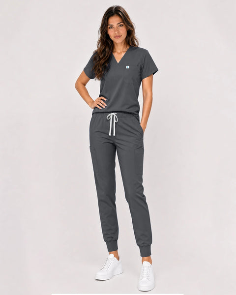 Eipnare Women's Classic V-Neck Jogger Scrub Set - Heather Grey