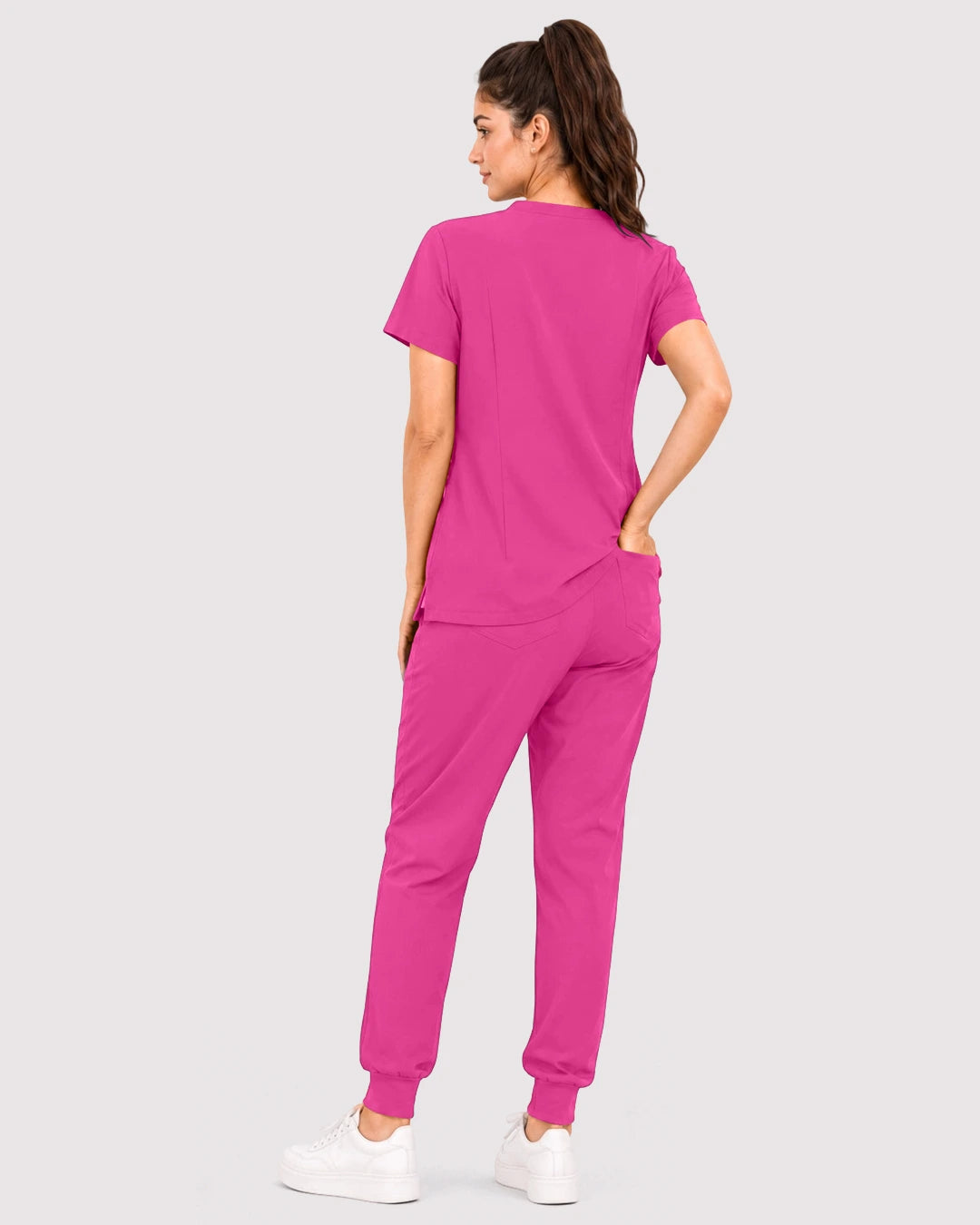 Hot Pink Eipnare Women's 3-Pocket V-Neck Jogger Scrub Set - Stretch Medical Scrubs for Women