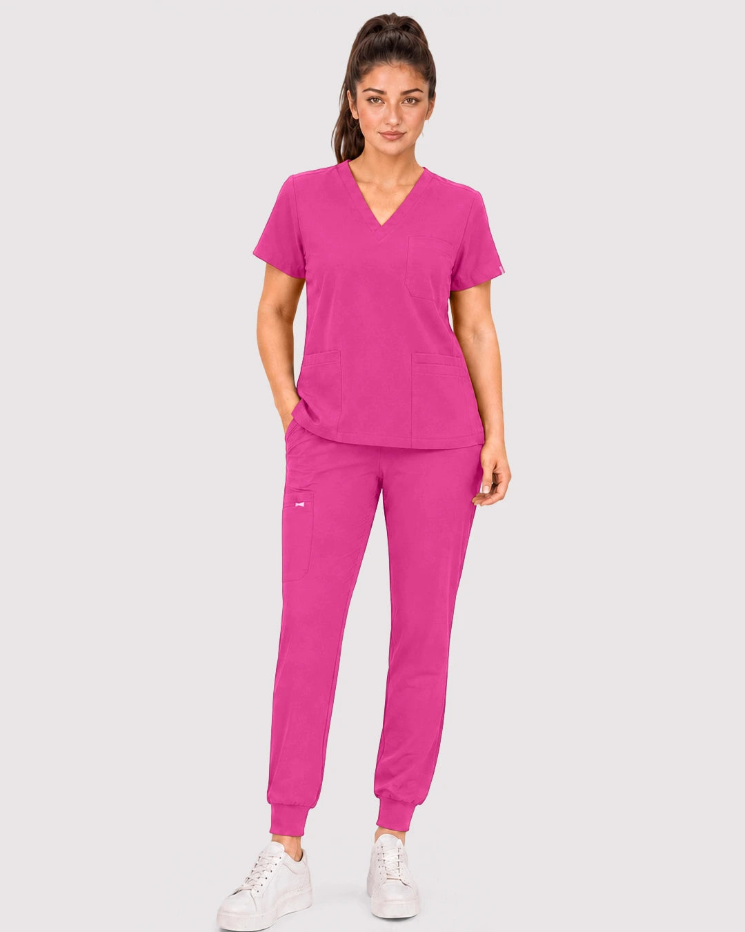 Hot Pink Eipnare Women's 3-Pocket V-Neck Jogger Scrub Set - Stretch Medical Scrubs for Women