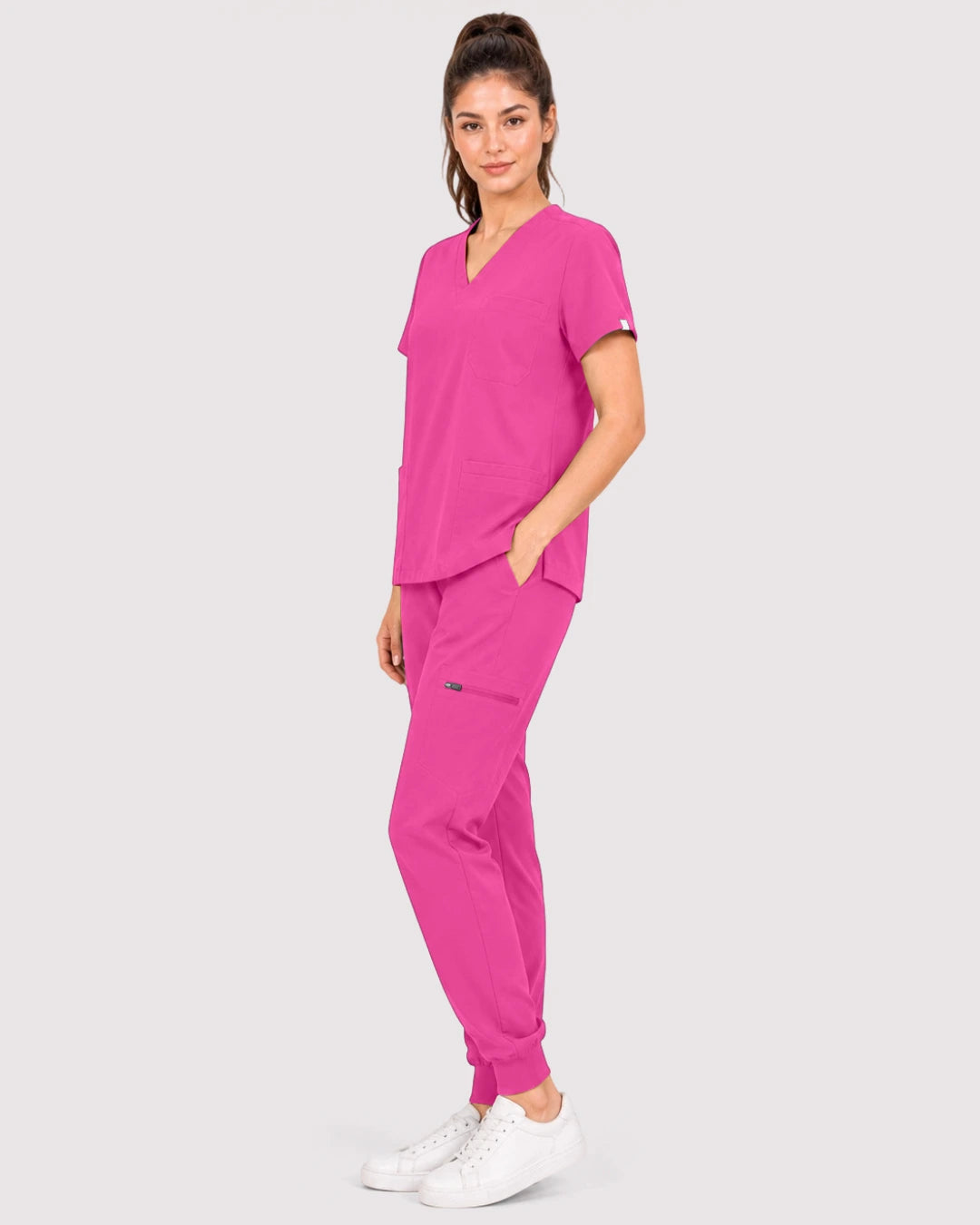 Hot Pink Eipnare Women's 3-Pocket V-Neck Jogger Scrub Set - Stretch Medical Scrubs for Women