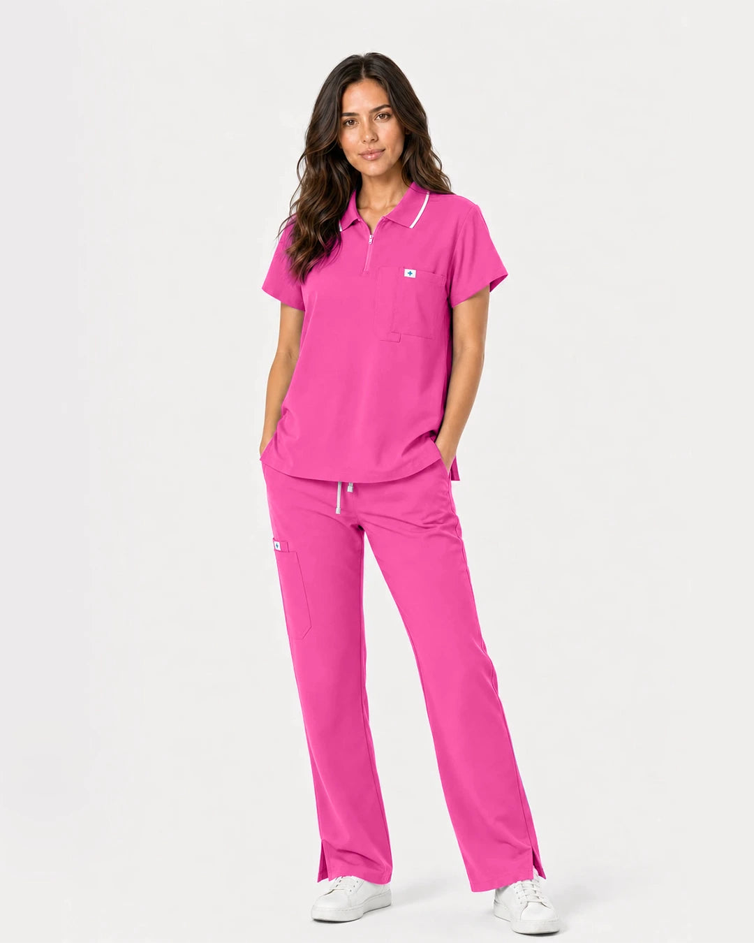 Hot Pink Eipnare Women's Zip Polo Straight-Leg Scrub Set - Stretch Medical Scrubs for Women