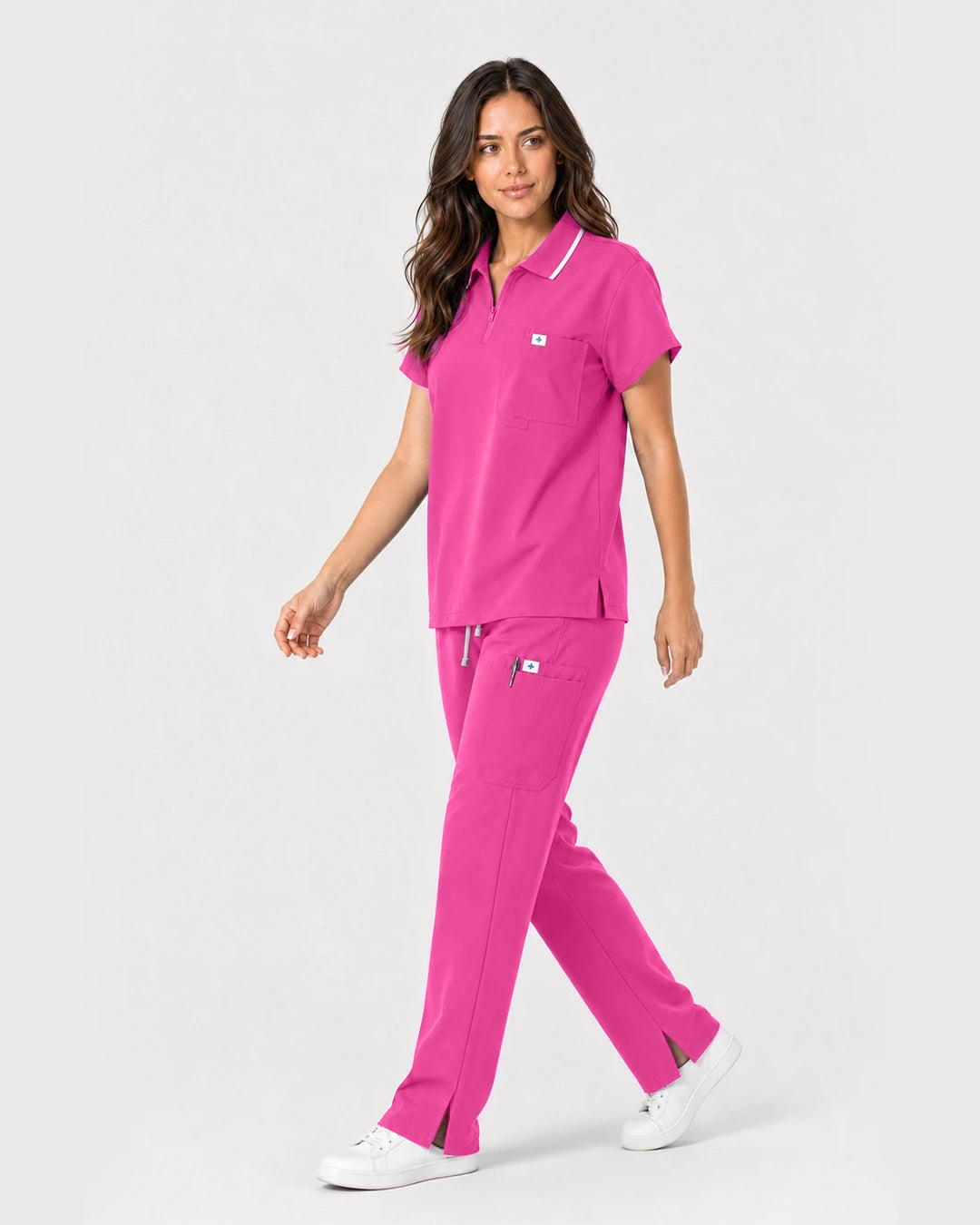 Hot Pink Eipnare Women's Zip Polo Straight-Leg Scrub Set - Stretch Medical Scrubs for Women