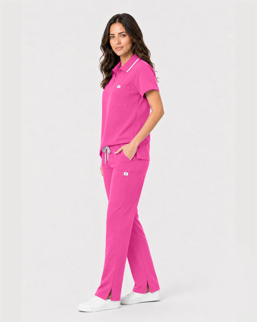 Hot Pink Eipnare Women's Zip Polo Straight-Leg Scrub Set - Stretch Medical Scrubs for Women