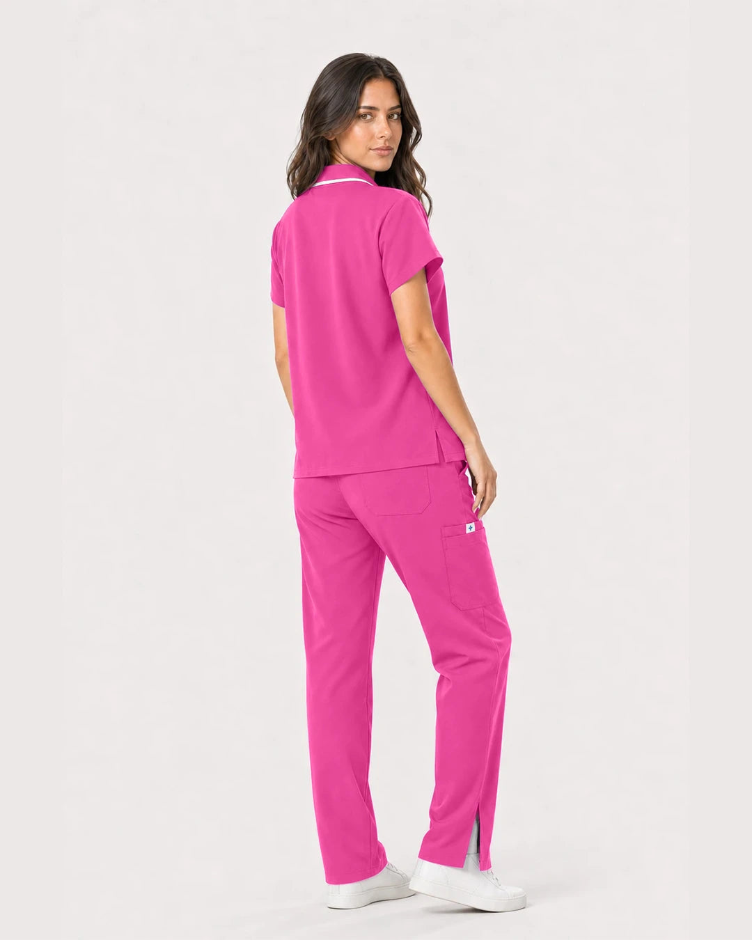Hot Pink Eipnare Women's Zip Polo Straight-Leg Scrub Set - Stretch Medical Scrubs for Women