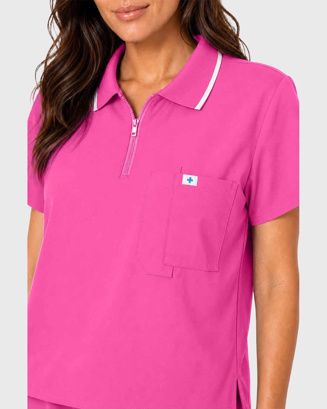 Hot Pink Eipnare Women's Zip Polo Straight-Leg Scrub Set - Stretch Medical Scrubs for Women